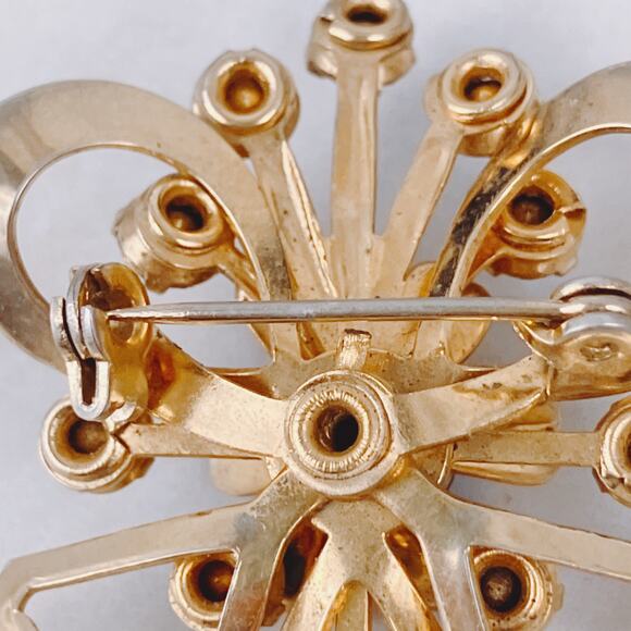 Vintage 1940s Gold Tone Brooch Blue Rhinestone Mid Century Floral Pin Jewelry - Picture 8 of 10